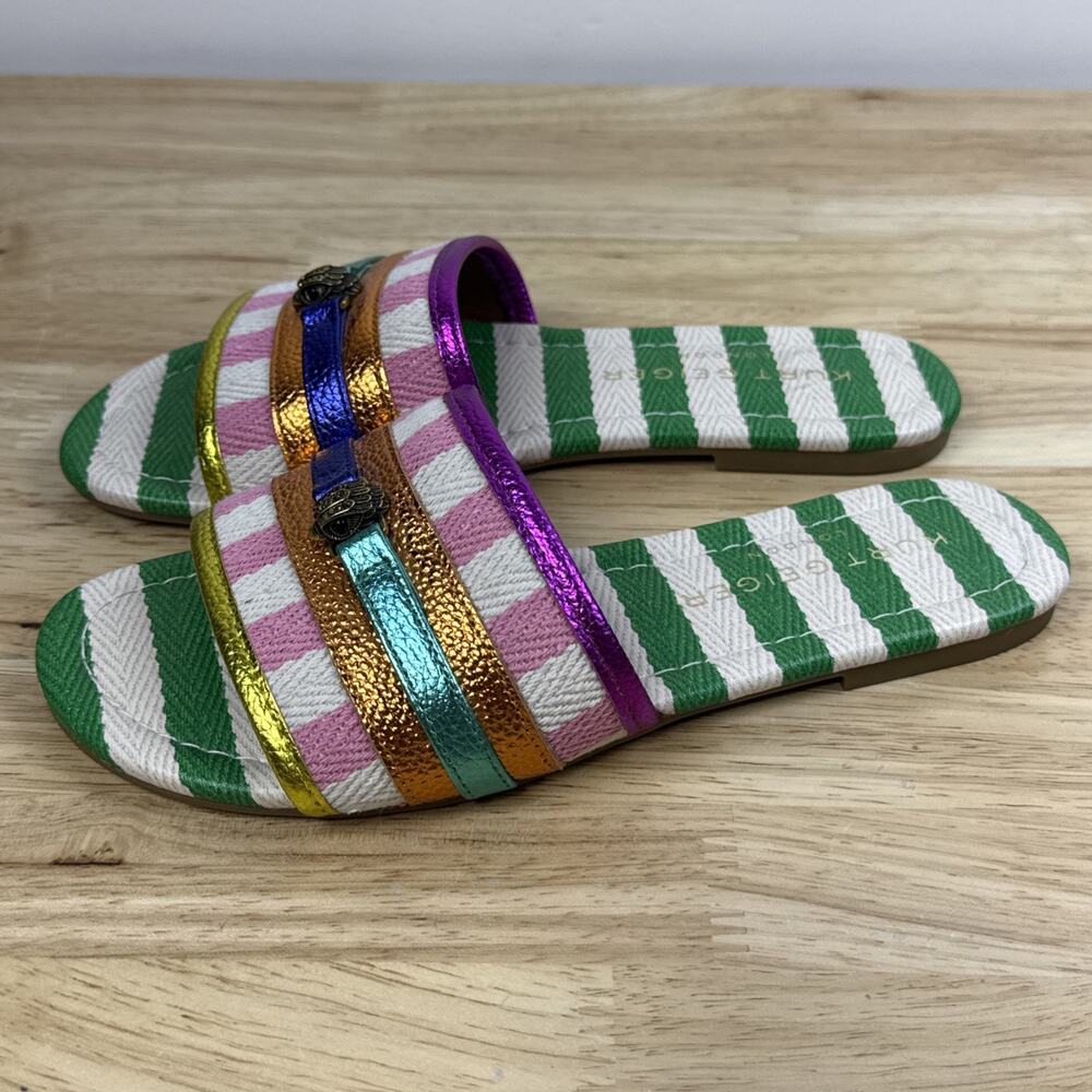 Kurt Geiger London Women's Southbank Fabric Stripe Flat Sandals Green Comb Sz 6 - Picture 2 of 12